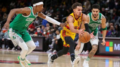 Boston Celtics' Josh Richardson, Jayson Tatum, Atlanta Hawks Trae Young