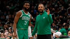 Boston Celtics head coach Ime Udoka, guard Jaylen Brown