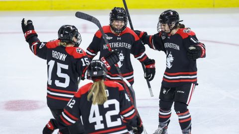 Northeastern women's hockey players Mia Brown, Miceala Sindoris, Lily Yovetich, Tessa Ward