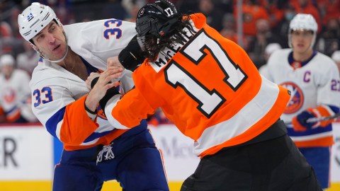 New York Islanders defenseman Zdeno Chara, Philadelphia Flyers center Zack MacEwen