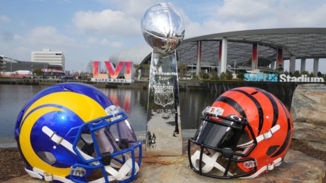 Los Angeles Rams and Cincinnati Bengals helmets are seen with a Vince Lombardi trophy
