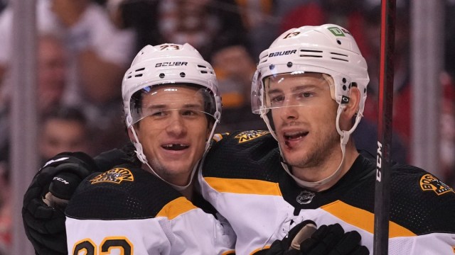 Boston Bruins forwards Jack Studnicka and Charlie Coyle