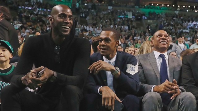 Former Boston Celtics (left to right) Kevin Garnett, Rajon Rondo, coach Doc Rivers