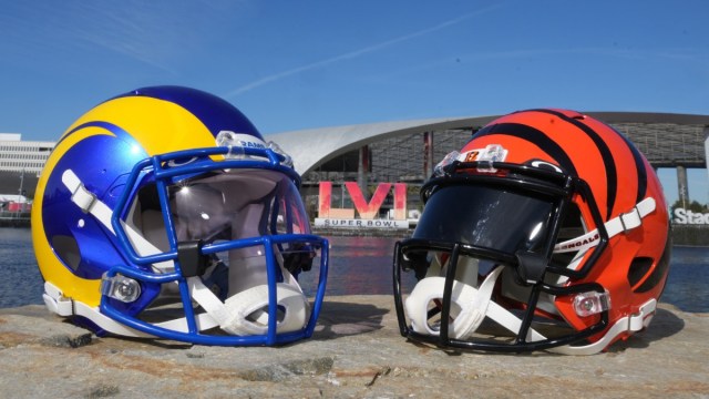 Los Angeles Ram and Cincinnati Bengals helmets in front of SoFi Stadium ahead of Super Bowl LVI