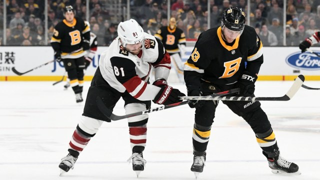 Boston Bruins center Charlie Coyle (13) and Arizona Coyotes right wing Phil Kessel (81)