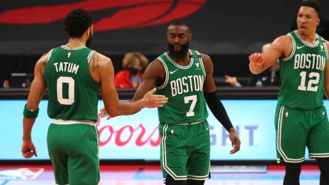 Boston Celtics forward Jayson Tatum (0) and guard Jaylen Brown (7) and forward Grant Williams (12)