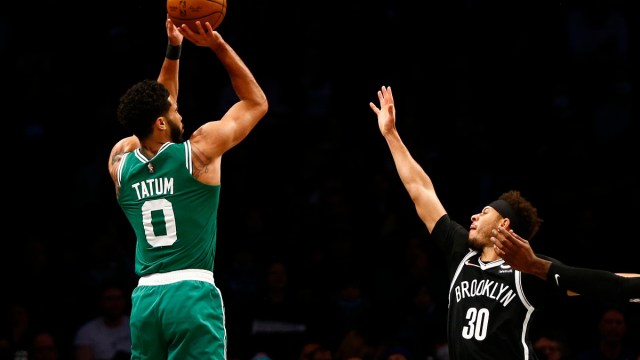 Boston Celtics forward Jayson Tatum (0) and Brooklyn Nets guard Seth Curry (30)