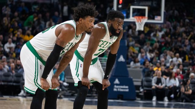 Boston Celtics guards Marcus Smart and Jaylen Brown