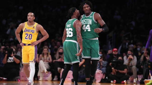 Boston Celtics center Robert Williams III (44) and guard Marcus Smart (36) and Los Angeles Lakers guard Avery Bradley (20)
