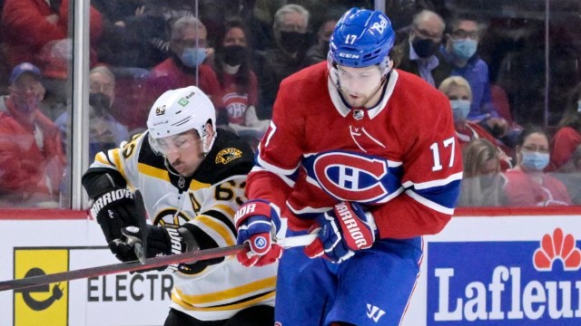 Boston Bruins left wing Brad Marchand and Montreal Canadiens right wing Josh Anderson