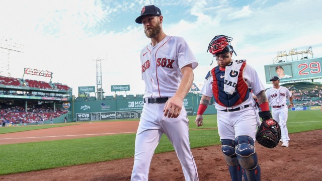 Boston Red Sox pitcher Chris Sale (left) and catcher Christian Vazquez (7)