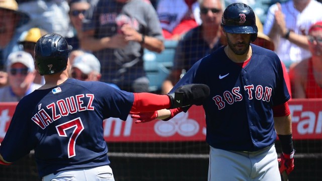 Boston Red Sox catcher Christian Vázquez and designated hitter J.D. Martinez