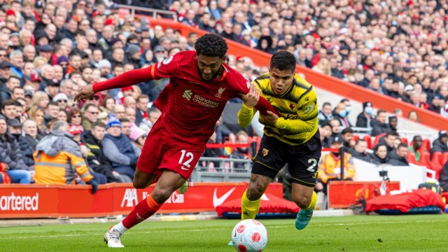 Liverpool defender Joe Gomez (12) and a Watford player