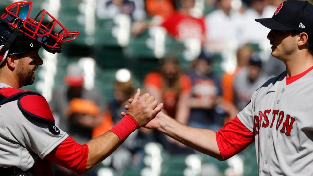 Boston Red Sox catcher Kevin Plawecki and pitcher Garrett Whitlock