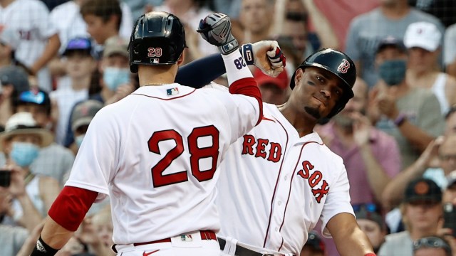 Boston Red Sox designted hitter J.D. Martinez (28) and shortstop Xander Bogaerts (2)