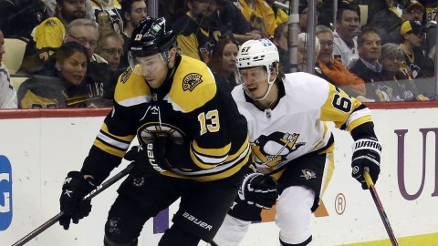 Boston Bruins center Charlie Coyle, Pittsburgh Penguins winger Rickard Rakell