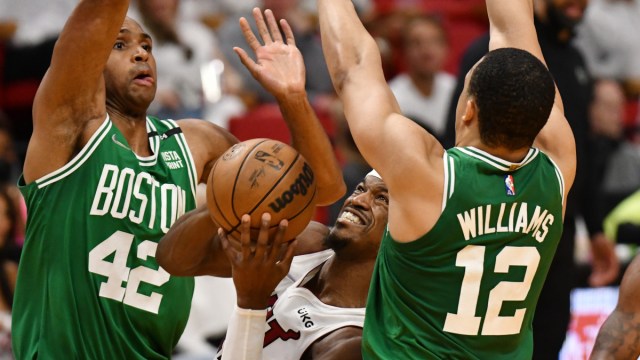 Boston Celtics' forward Grant Williams and center Al Horford play defense in the Eastern Conference finals