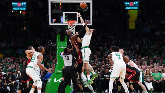 Miami Heat forward Bam Adebayo and Boston Celtics forward Jayson Tatum