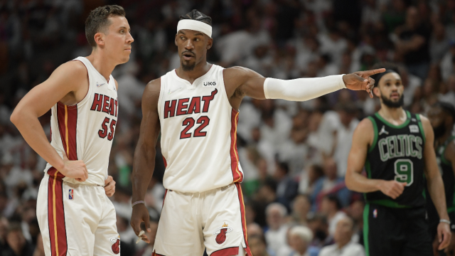 Miami Heat guards Duncan Robinson and Jimmy Butler