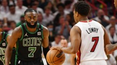 Boston Celtics guard Jaylen Brown guards Miami Heat guard Kyle Lowry