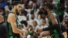 Boston Celtics stars Jayson Tatum and Jaylen Brown celebrate after win