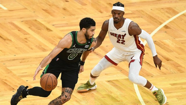 Boston Celtics forward Jayson Tatume and Miami Heat forward Jimmy Butler