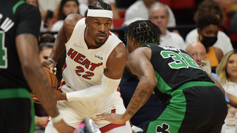 Miami Heat guard Jimmy Butler and Boston Celtics guard Marcus Smart