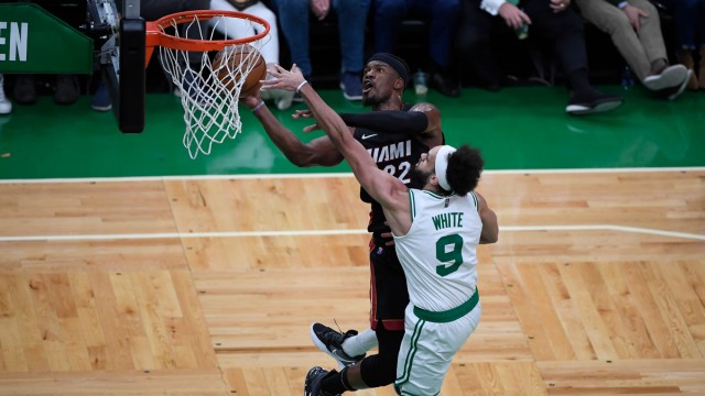 Miami Heat forward Jimmy Butler and Boston Celtics guard Derrick White
