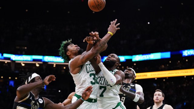 Boston Celtics guard Marcus Smart and forward Jaylen Brown