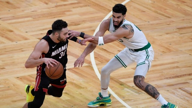 Miami Heat guard Max Strus and Boston Celtics forward Jayson Tatum