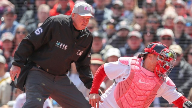 Major League Baseball umpire Ron Kulpa and Boston Red Sox catcher Christian Vazquez