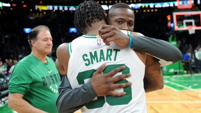 Charlotte Hornets guard Terry Rozier and Boston Celtics guard Marcus Smart