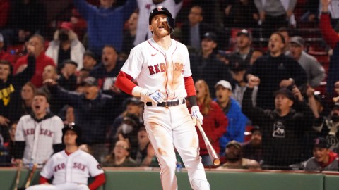 Boston Red Sox second baseman Trevor Story watches home run