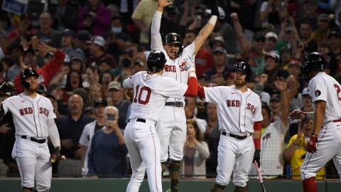 Boston Red Sox celebrate after second baseman Trevor Story's home run