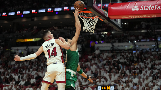 Miami Heat guard Tyler Herro and Boston Celtics forward Jayson Tatum