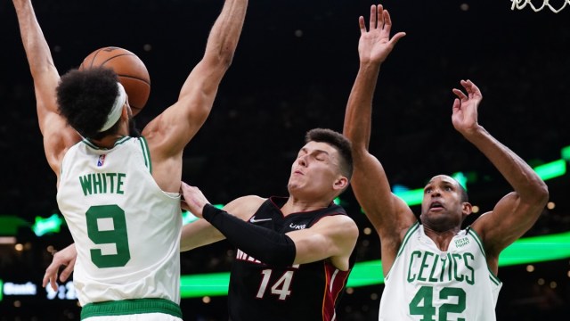 Miami Heat guard Tyler Herro, Boston Celtics' Derrick White, Al Horford