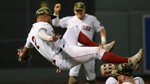 Red Sox shortstop Xander bogaerts takes a spill