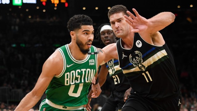 Boston Celtics forward Jayson Tatum, Milwaukee Bucks center Brook Lopez