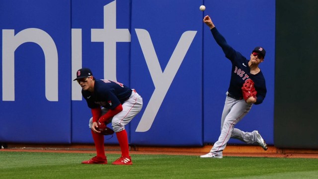 Boston Red Sox center fielder Kike Hernandez, right fielder Jarren Duran