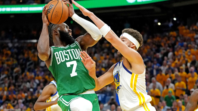 Boston Celtics guard Jaylen Brown and Golden State Warriors guard Klay Thompson