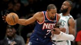 Brooklyn Nets forward Kevin Durant and Boston Celtics forward Jaylen Brown
