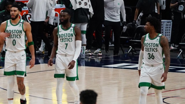 Boston Celtics players Jayson Tatum, Jaylen Brown and Marcus Smart