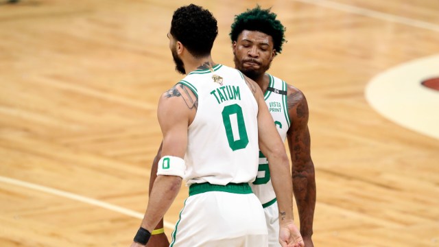 Boston Celtics forward Jayson Tatum and guard Marcus Smart