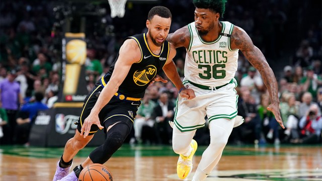 Golden State Warriors guard Stephen Curry and Boston Celtics guard Marcus Smart