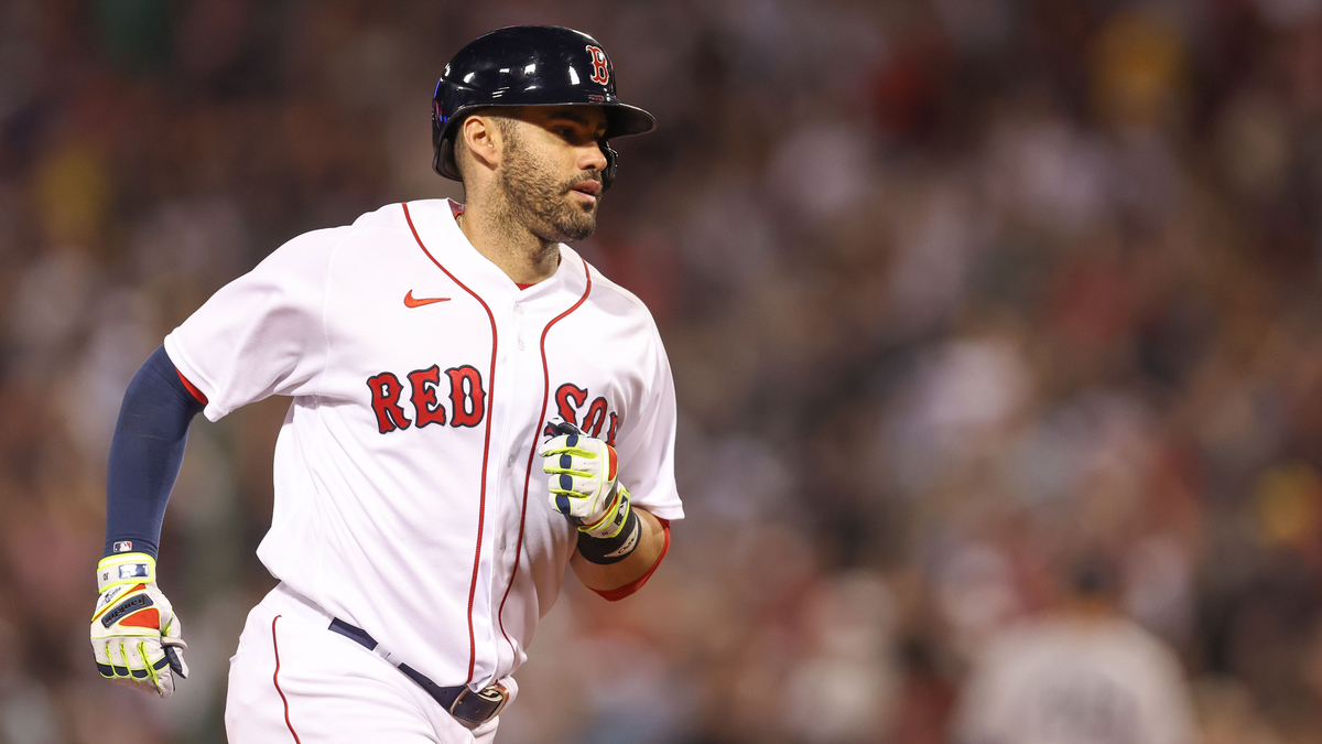 J.D. Martinez out of Red Sox lineup for 4th straight game in series opener  vs. Guardians; Boston wearing yellow and blue uniforms 