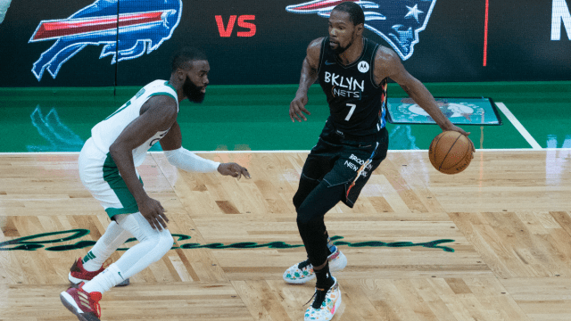 Boston Celtics guard Jaylen Brown and Brooklyn Nets forward Kevin Durant