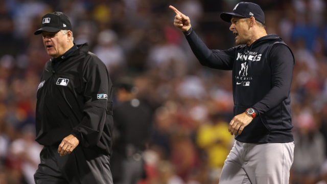 Major League Baseball umpire Jerry Layne and New York Yankees manager Aaron Boone