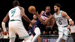 Brooklyn Nets forward Kevin Durant, Boston Celtics' Jaylen Brown and Jayson Tatum