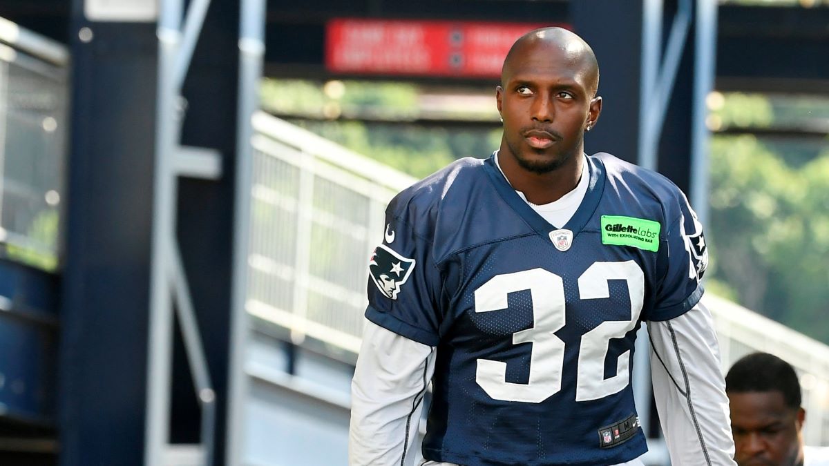 The Super Bowl 52 logo is worn on the jersey of New England Patriots free  safety Devin McCourty as McCourty answers questions during a news  conference Wednesday, Jan. 31, 2018, in Minneapolis.