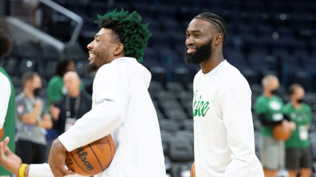 Boston Celtics guards Jaylen Brown and Marcus Smart